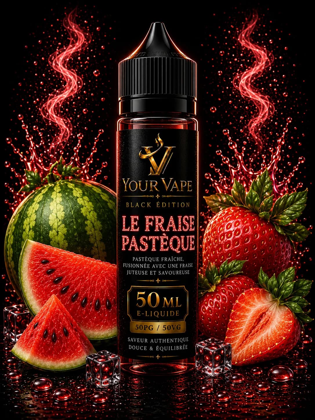 Flacon de e-liquide YourVape Black Édition Le Fraise Pastèque, 50 ml
