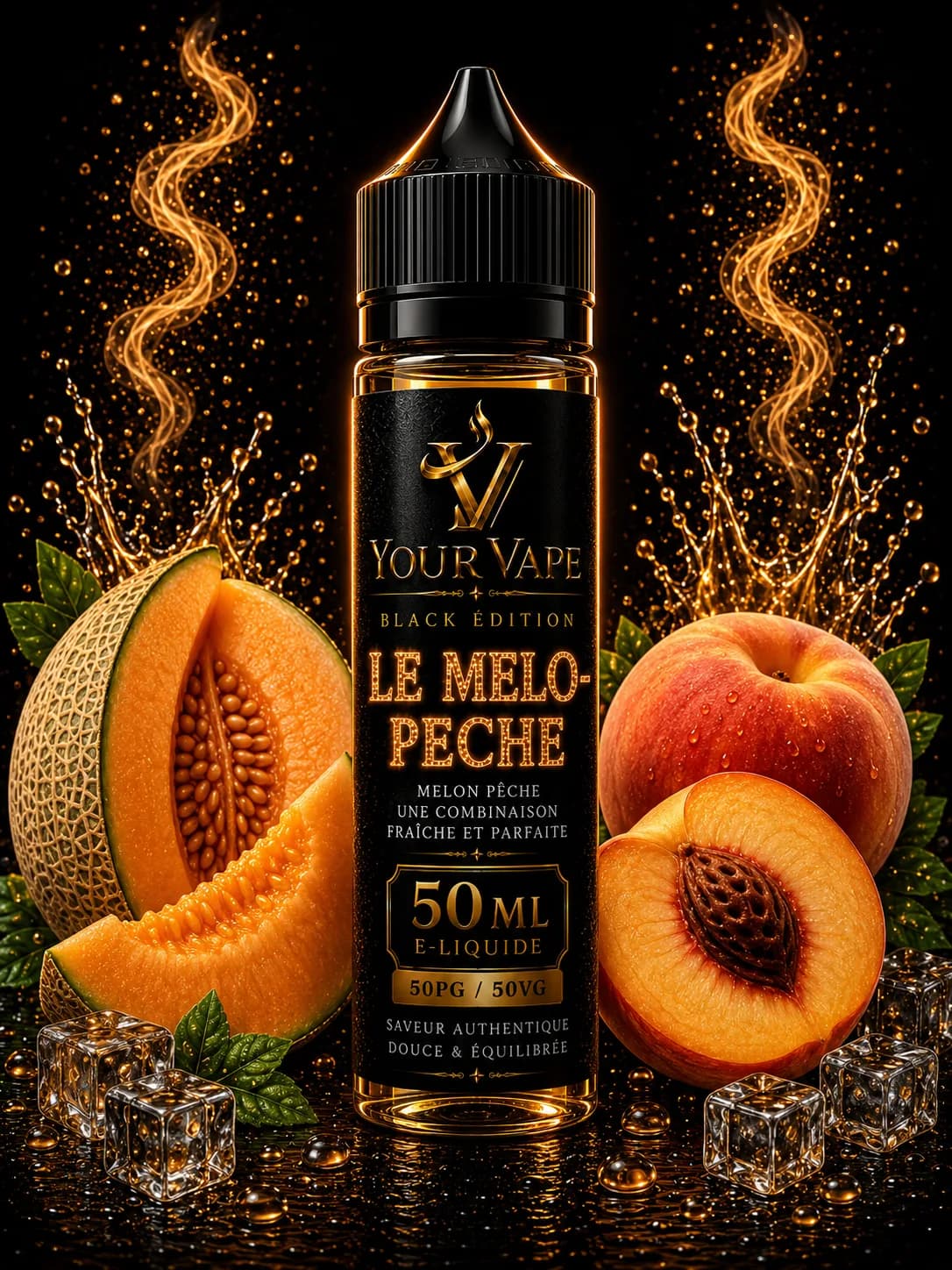 Flacon de e-liquide YourVape Black Édition Le Melo-Pêche, 50 ml
