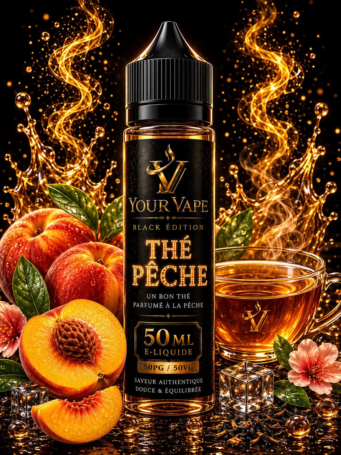 Flacon de e-liquide YourVape Black Édition Thé Pêche, 50 ml